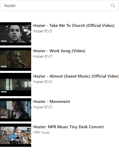 List of top 5 Hozier videos on YouTube.